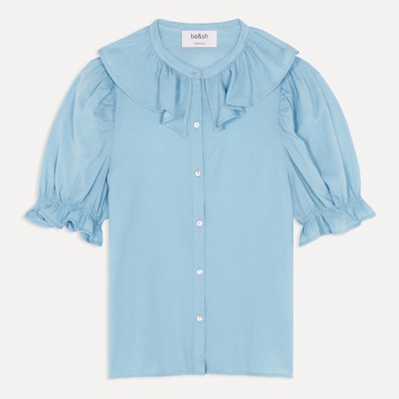 NWT BA&SH Cotton Puffed Short Sleeve Victorian Ruffle Collar Button Up Blouse L‎ - Picture 9 of 12